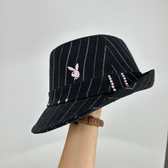 Vintage Y2K Playboy Bunny Fedora Hat Pinstripes Rhinestone S/M Black Pink - Picture 6 of 6